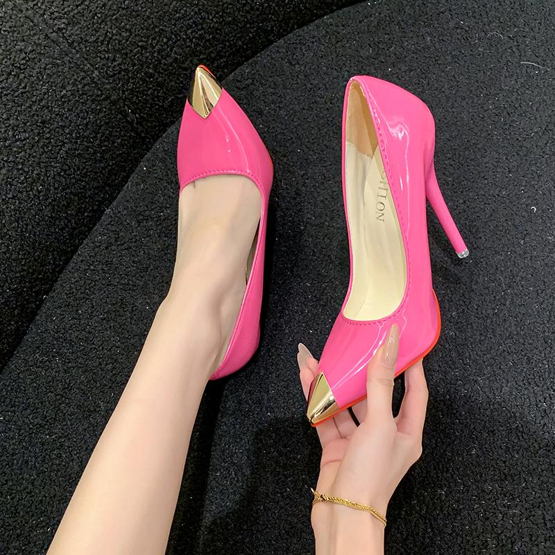 Fashion New Rivet Patent Leather Shallow Mouth High Heels Stiletto Women's Sexy Pointed Toe Large Size Single Shoes