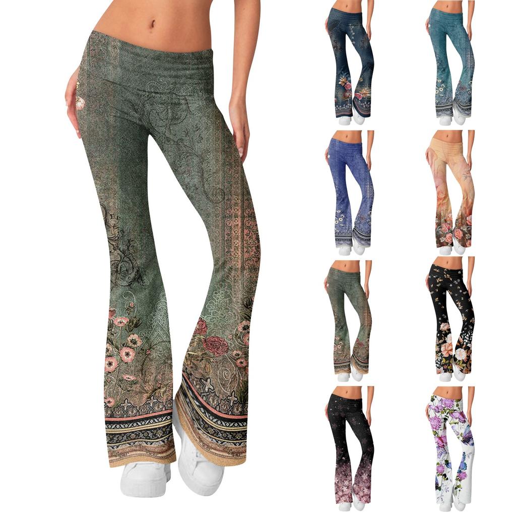 Women's Fashion Print Slim Fit Slim Reverse Waist Low Waist Elastic Waist Flare Pants