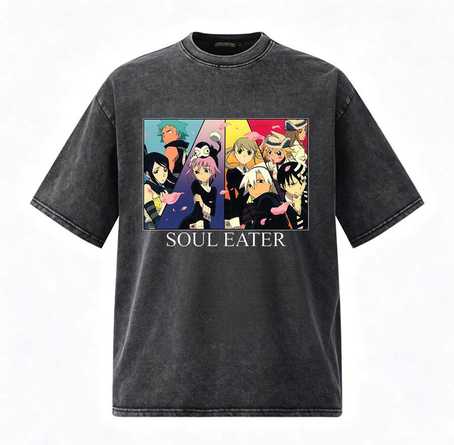 Vintage Washed Anime Soul Eater Graphic Print T Shirts Men's Women Clothing Fashion Cotton Short Sleeve T-shirts Tops Streetwear
