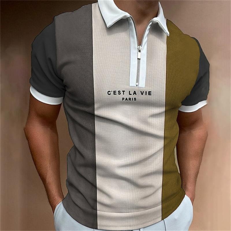 Striped Short Sleeve Polo Shirt, Half-Zip Slim Fit Casual Top