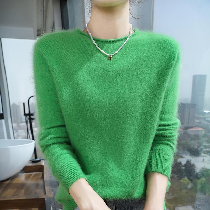 2025 Women's Mink Cashmere Sweater: Semi-High Neck, Rolled Edge Knitted Pullover for Spring & Autumn