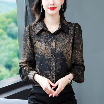 Camicia Top da Donna Inizio Primavera Nuova Camicia a Maniche Lunghe Stampata Coprente la Pancia con Colletto Polo