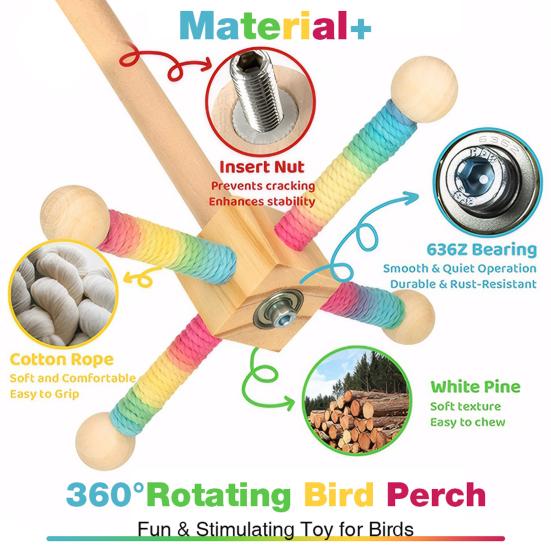 Birds Stand Perch Toy 360-degree Rotating Wooden Interactive Parrot Exercise Wheel Perch Toy Cage Accessory for Parakeets Budgies Lovebirds