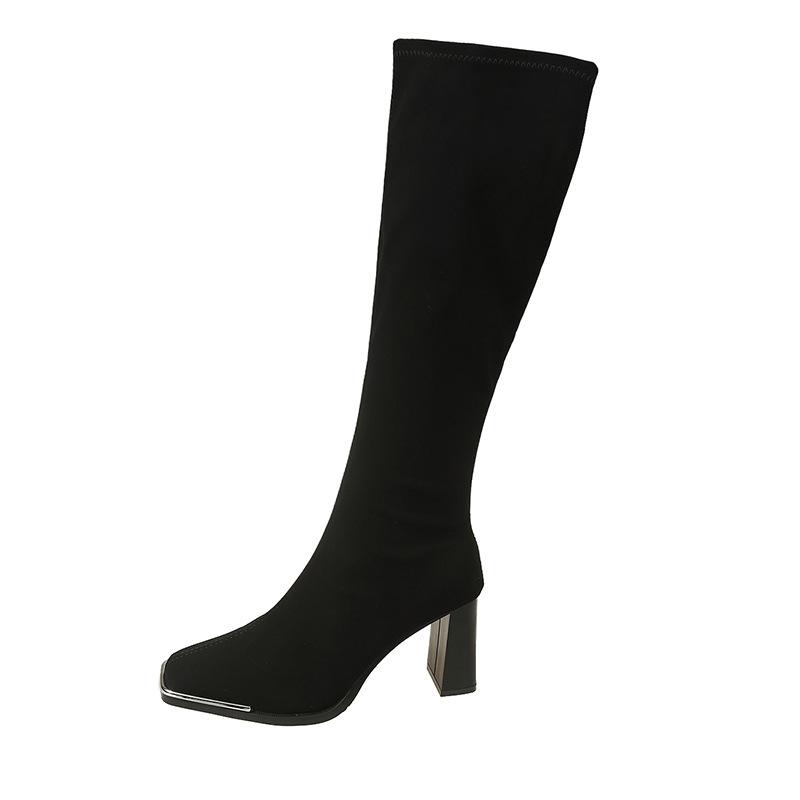 Fashion Autumn Winter Women Knee High Boots Sexy Square Head High-heeled Long Boots Female Shoes Retro Soft Leather Back Zipper Botas