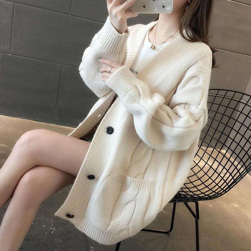 Fauler Wind V-Ausschnitt Zopfstrickpullover lockerer Überzieher Damen Strickjacke V-Ausschnitt vielseitige Pulloverjacke