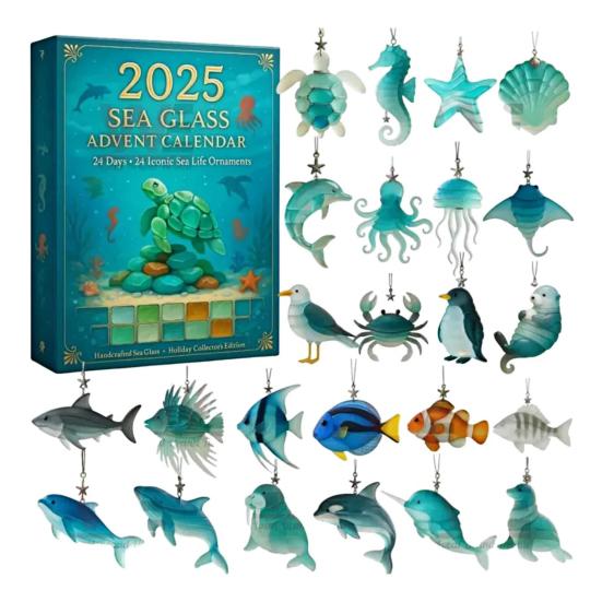 Sea Glass Marine Life Advent Calendar 2025 24 Days Christmas Countdown Calendar with 24 Realistic Ocean Ornaments Seaside Decor for Kids Collectors