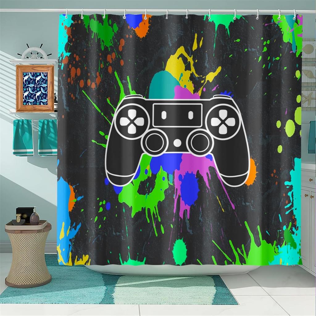 Boy Room Video Gamepad Printed Shower Curtain, Toilet Bathroom Bathtub Decorative Shower Curtain With 12 Hooks