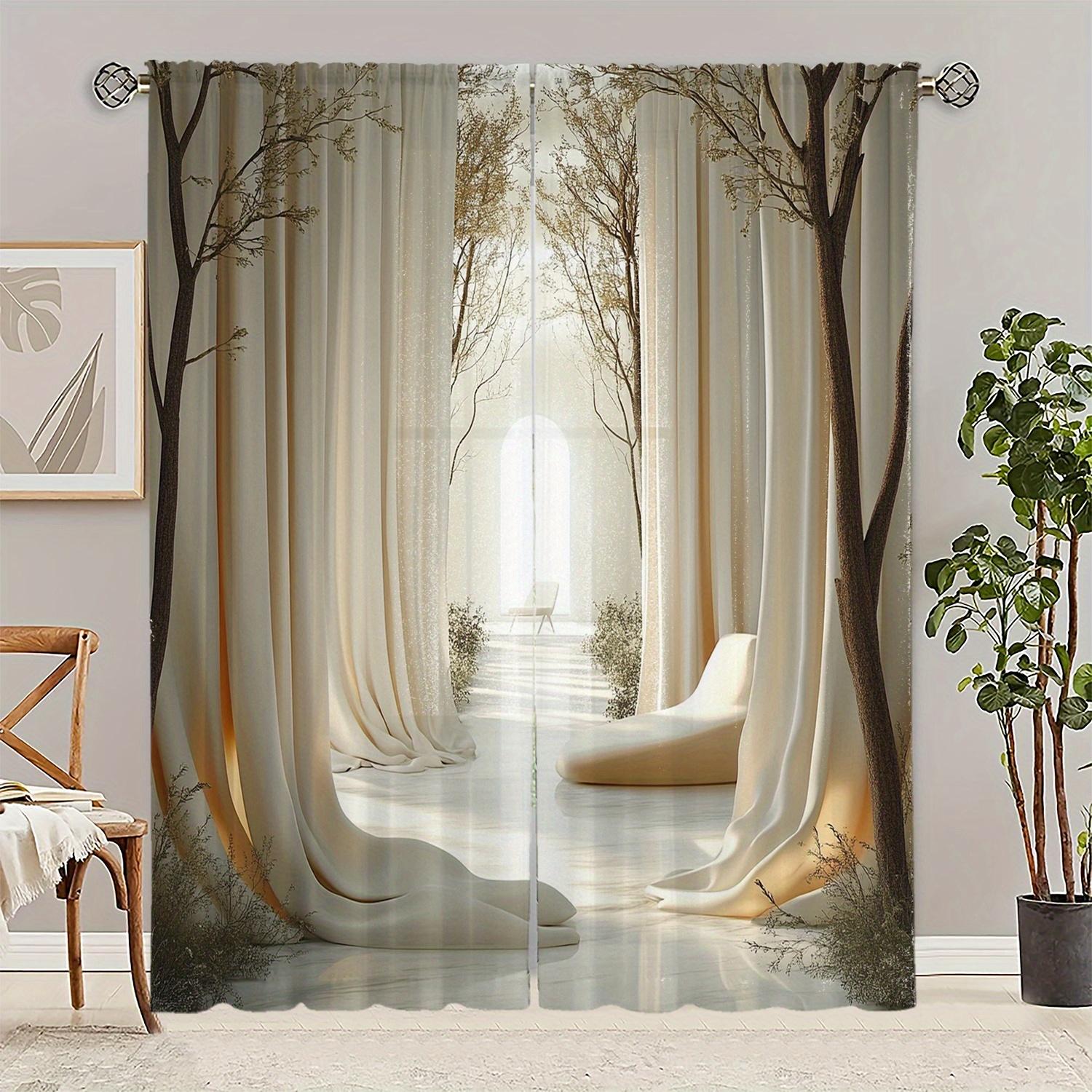 

Set Of 2 Beige Curtains Tranquil Forest Print Polyester Living Room Bedroom Decor Curtain Sheer With Rod Pocket Ideal For W100*H70(CM)-Grommet top&2PCS