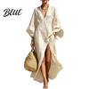 Slimming Loose Dress Women's Cotton Linen Maxi Dress V Neck Batwing Sleeve Sweat-absorbent High Split Casual Beach Sundress with Pockets Vacation