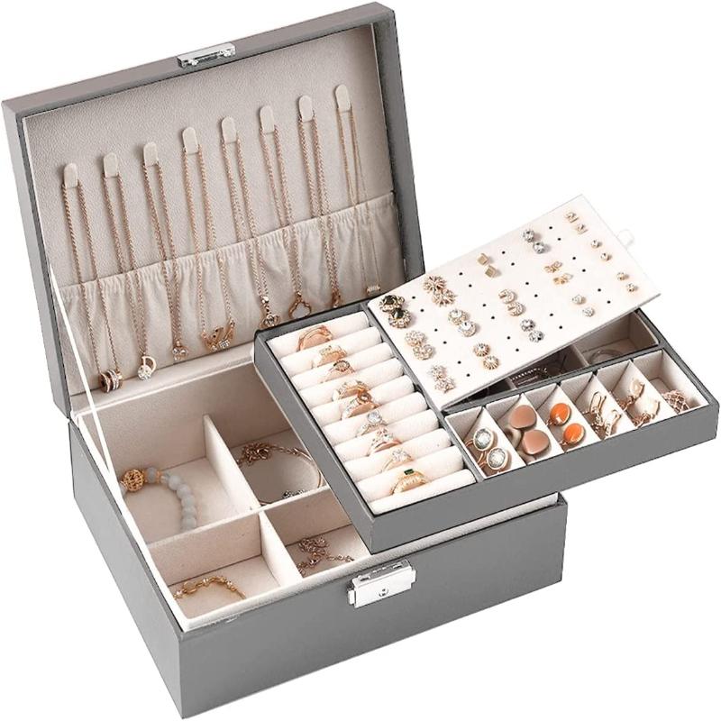 

Шкатулка для драгоценностей для девочек, органайзер для ювелирных изделий для женщин, дорожный органайзер для ювелирных изделий, 2-слойный органайзер для сережек и ожерелий с замком