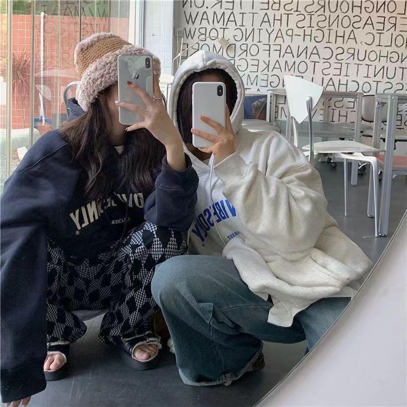 Women Long Sleeve Hooded V Neck Loose Pullovers Female Tops Solid Color Sweatshirts