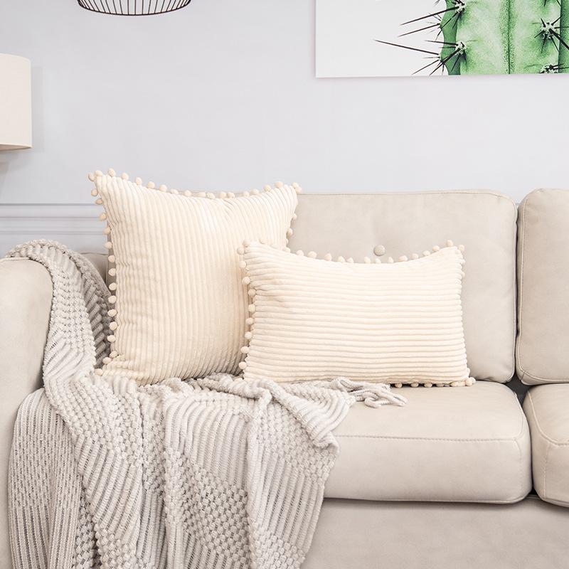 2PCS Boho Chic Corduroy Throw Pillow Cover with Pom-Poms - Soft, Striped Square Cushion Case for Living Room & Bedroom Decor, Perfect for Weddings