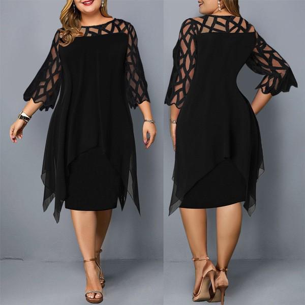 European & American Lace Patchwork Seven-Sleeve Irregular Hem Plus Size Chiffon Dress for Women