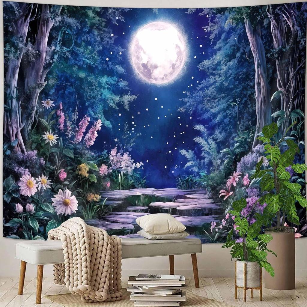 Fantasy Forest Tree Butterfly Wall Hanging Fairy Magical Enchanted Jungle Waterfall Mushroom Tapestry for Bedroom Living Room