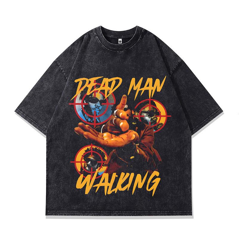 Personalized Men'S T-Shirt American Retro Hip-Hop Printed Small Neckline Heavy Cotton Washed Short-Sleeved T-Shirt