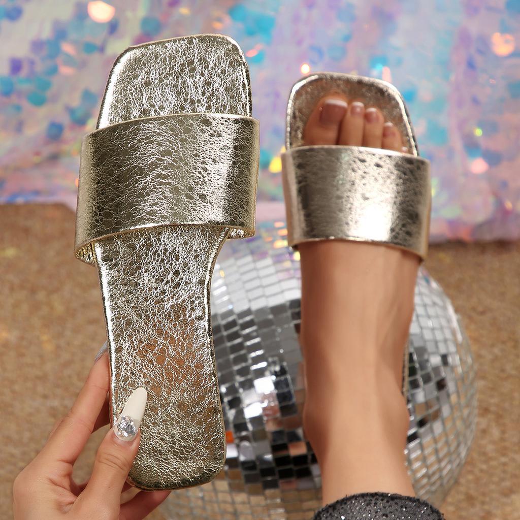 2025 Summer New Large-size Women's Slippers Casual Glossy Outer Wear Light One-word Flat-bottomed Cool Slippers