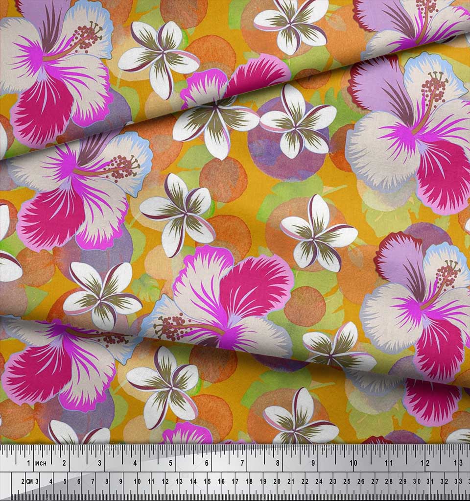 Soimoi Japan Crepe Satin Fabric Leaves & Plumeria Flower Decor Fabric Printed Metre 42 Inch