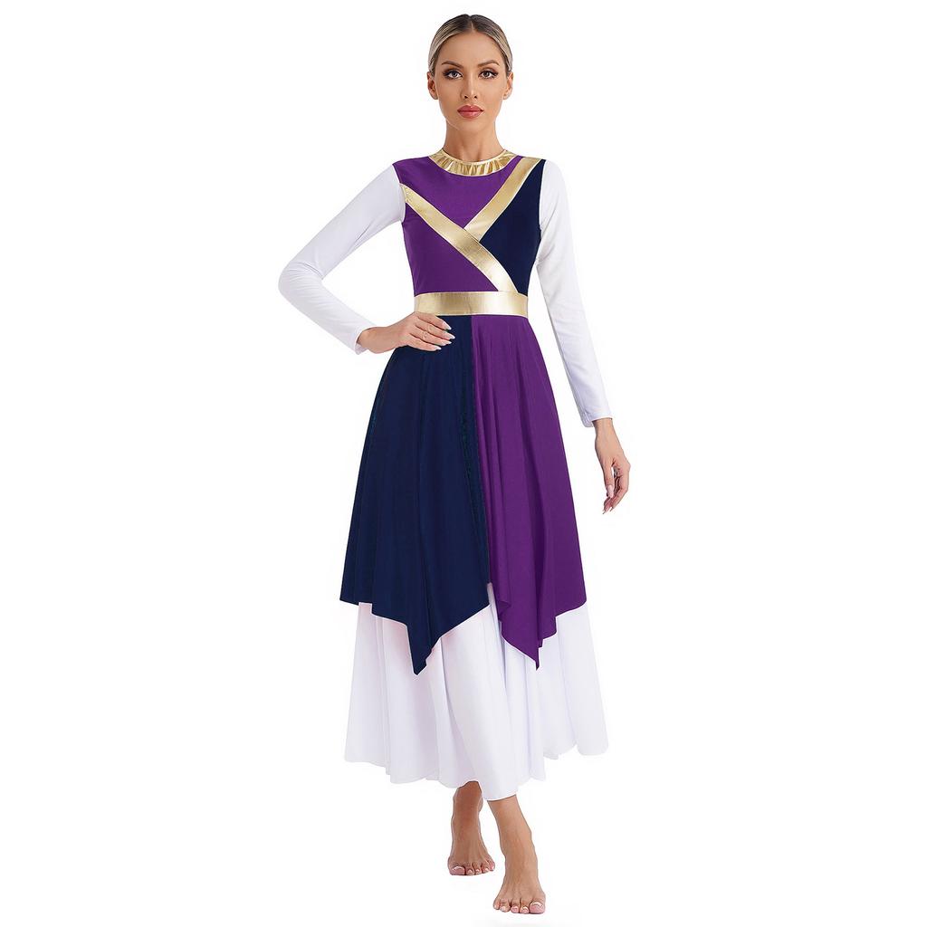 Womens Metallic Color Block Patchwork Liturgical Dance Dress Round Neck Sleeveless Asymmetrical Hem Dresses Dancewear