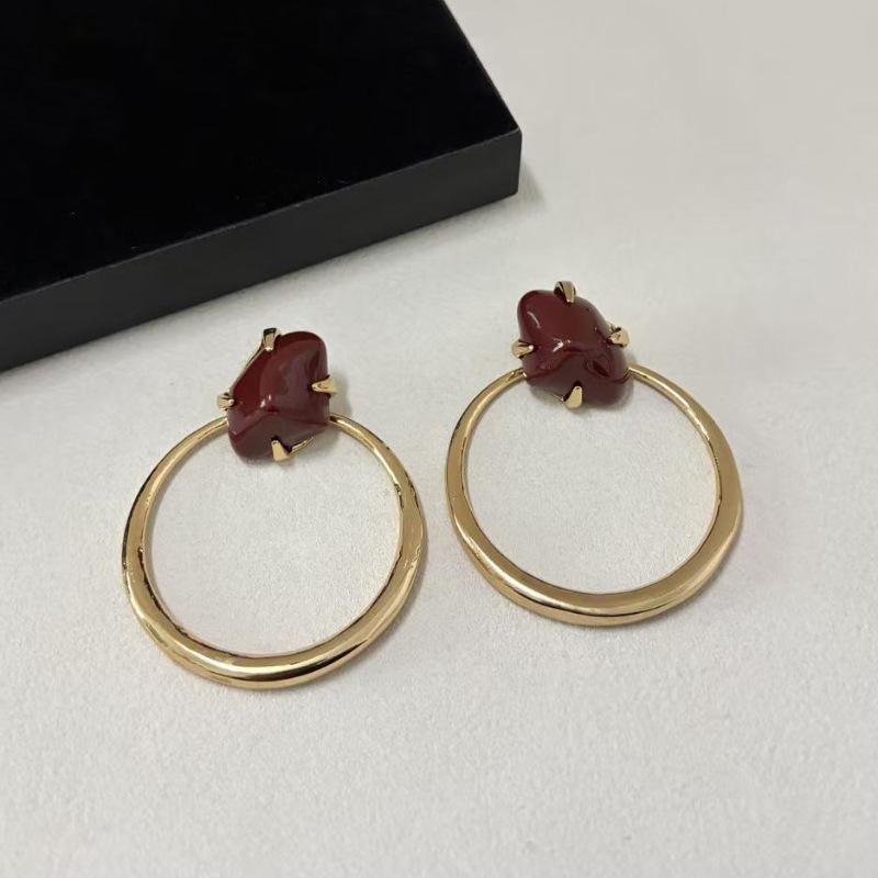 European and American Niche Retro Exaggerated Round Ring Inlaid with Irregular Resin Gemstone Earrings Simple Light Luxury High-end Earrings