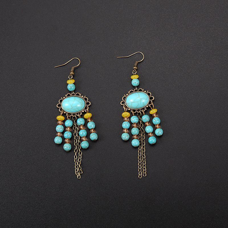 Bohemian Turquoise Owl Dream Catcher Tassel Earrings for Women