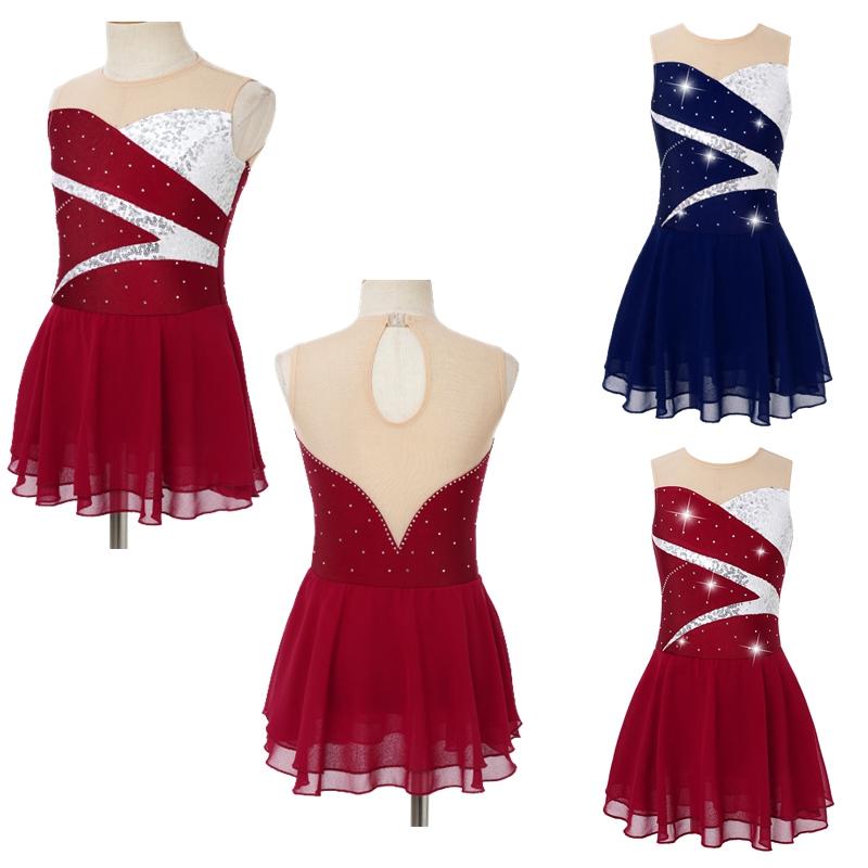 

Girls Patchwork Style Rhinestone Decor Sleeveless Round Neck Dress for Skating Dance Costume 5-6 Years червоний