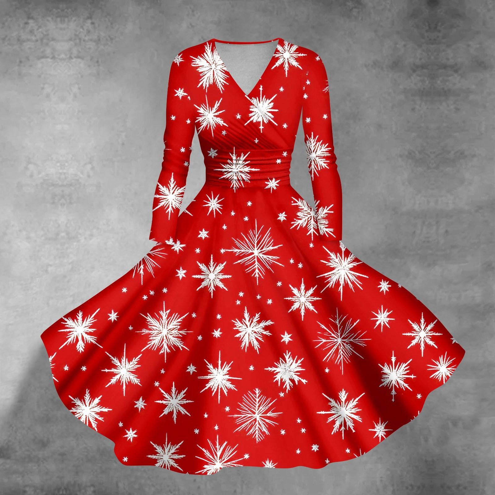 

Женские повседневные модные рождественские принты с длинным рукавом и V-образным вырезом, сексуальные платья с карманами XXXXXL красный
