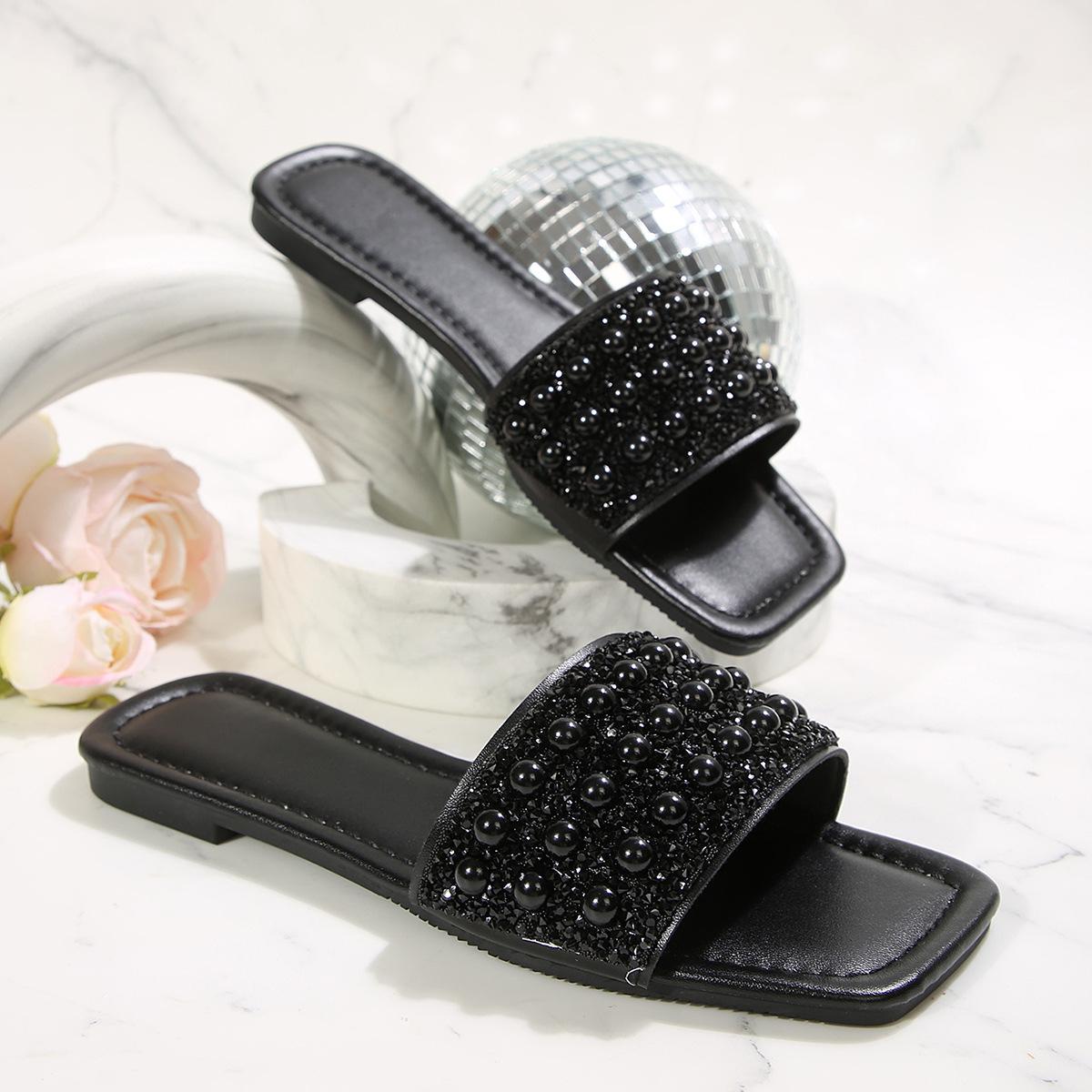 

[Foreign Trade] Temperament silver flat bottom one-word drag French small fragrant style advanced cool slippers women 43 чёрный