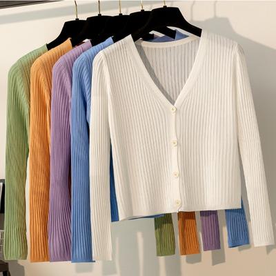 Cárdigan de punto de seda de hielo fino de verano con protección solar, chal corto, chaqueta de camisa para aire acondicionado