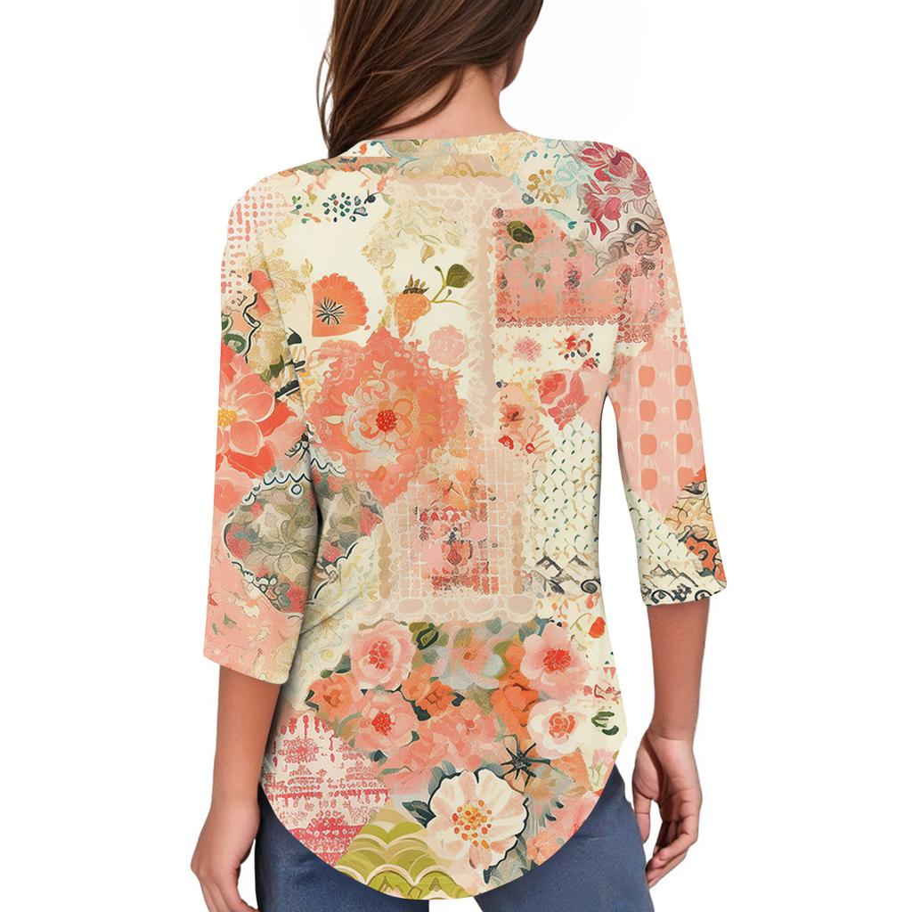 Womens T Shirts 3/4 Sleeve Shirts Color Pullover Summer Spring Tops Blouses