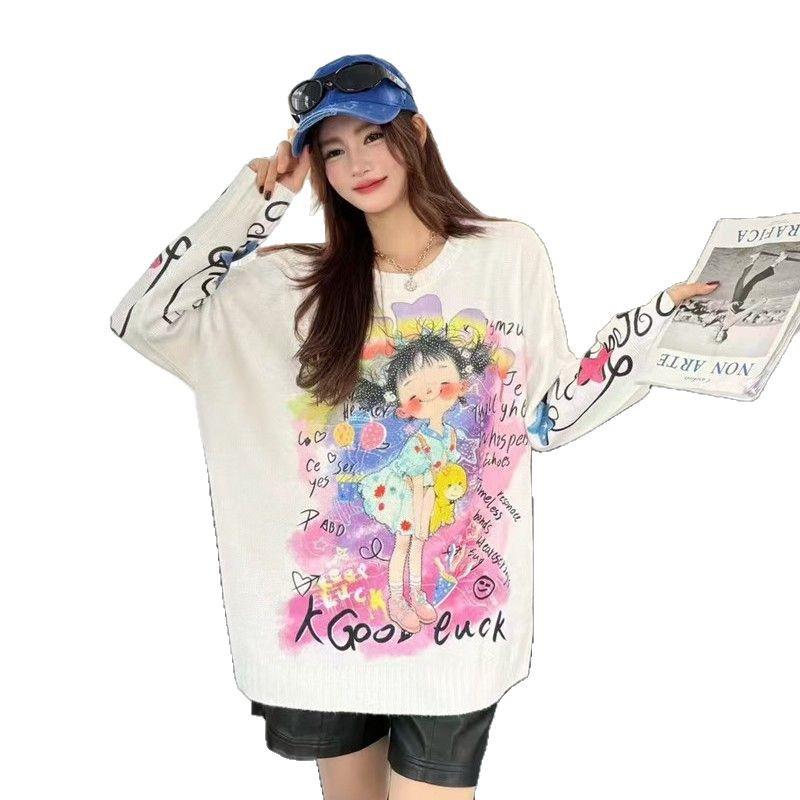 Korean Style Plus Size Knitwear: Heavy Print, Hot Drill Round Neck, Long Sleeve Sweater for Autumn/Winter Women