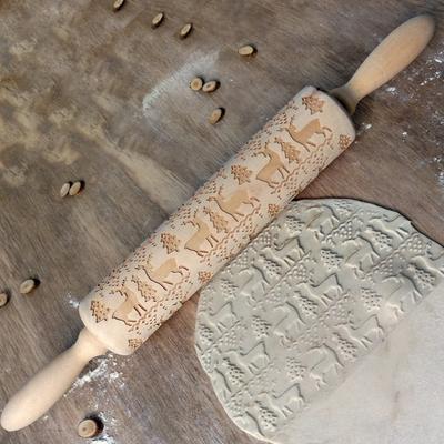 Wooden Embossing Rolling Pin For Christmas Household Non Stick Dough Roller Kitchen Accessories