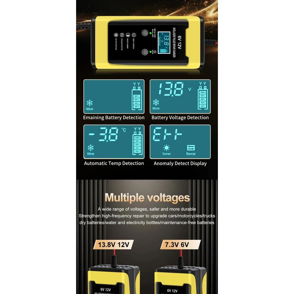 6V/3A 12V/6A Intelligent Car Battery Charger Car and Motorcycle Lead Acid Battery Charger and Smart Pulse Repair Maintainer