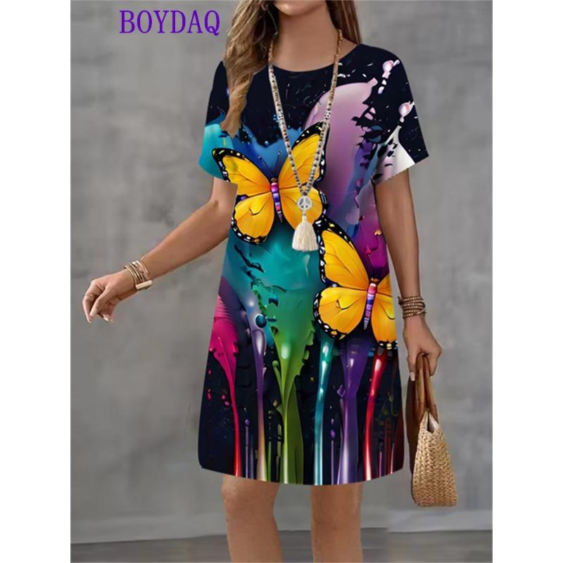Vestito da Donna Stampa Farfalla Manica Corta Scollo a O Vestiti Moda Casual Harajuku Estate Autunno 2025 Abbigliamento da Festa Donna