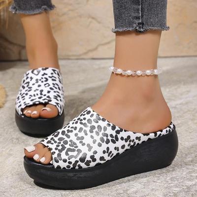 Pu Leopard Wedge Heel Slides Women 2025 Summer Soft Sole Thick Bottom High Heel Slippers Sexy Outdoor Slippers Women
