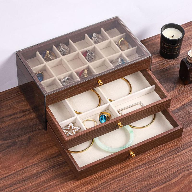 New Walnut Pattern Three-layer Drawer Jewelry Storage Box Ring Earrings Earrings Necklace Bracelet Jewelry Storage Box