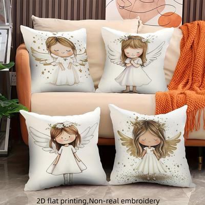 4pcs Angel-Themed Pillow Covers – Elegant & Cute Design, Multiple Sizes; Perfect for Sofa & Bedroom Holiday Decor