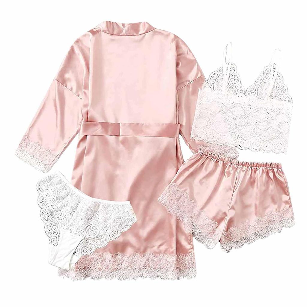 4-Piece Women Sexy Garter Lingerie Set Robes Lace Bodysuit Deep-V Neck Underwear