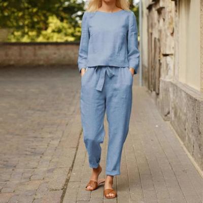 Yousheng 2 Pcs/Set Women Top Pants Set Round Neck Long Sleeves Blouse Vintage Elastic Waist Trousers Daily Leisure Loose Outfit