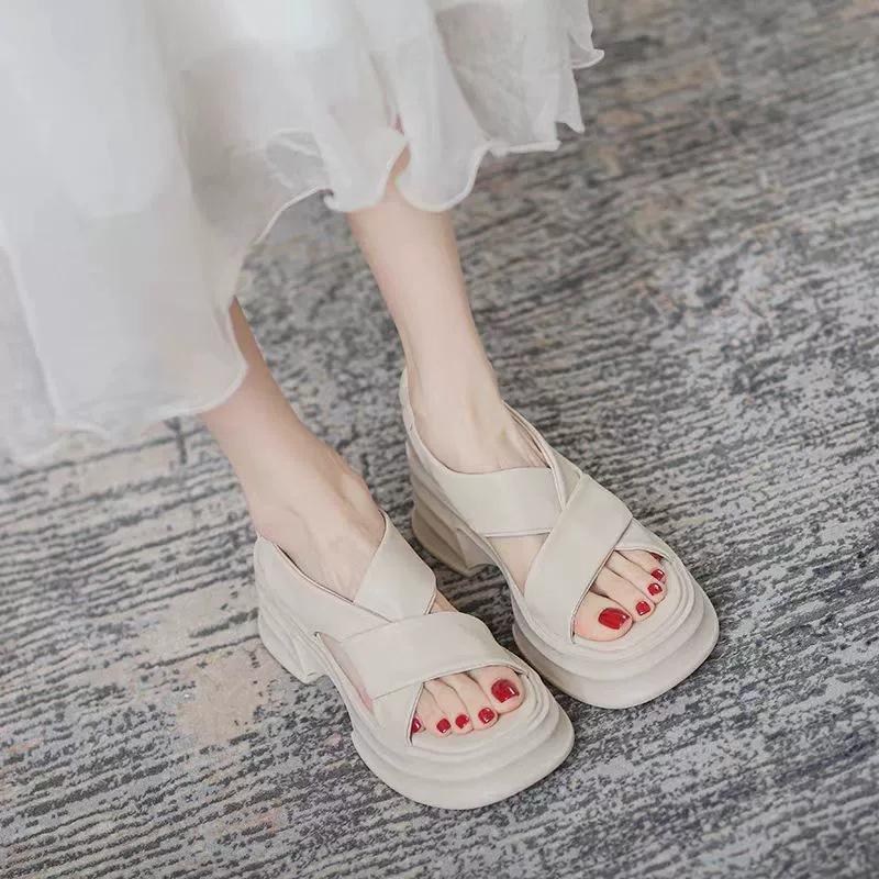 Fashion Women's Chunky Heel Sandals Summer New Korean Version Cross-belt Thick-soled Sandals Outdoor Open Toe Lightweight Casual Sandals
