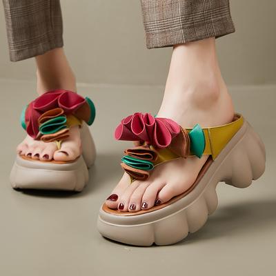 Fashion GKTINOO Genuine Leather Sandals Floral Women Slippers Summer Shoes Platform Outside Slides Thick Soles Leisure Ladies Slippers