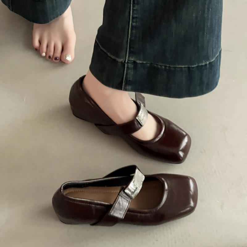 Versatile temperament One-word buckle square head shallow mouth single shoes women's summer fashion heightening buckle thin wedge heel Mary Jane shoes