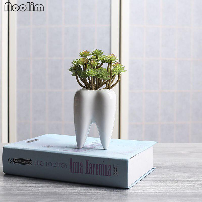 1pc Tooth Shape White Ceramic Flower Pot Planter Teeth Model Mini Desktop Pot Gift Home Decor