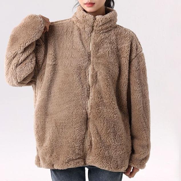 Women's Long-Sleeve Plush Fleece Jacket - Stand Collar, Short Length, Versatile for Autumn/Winter
