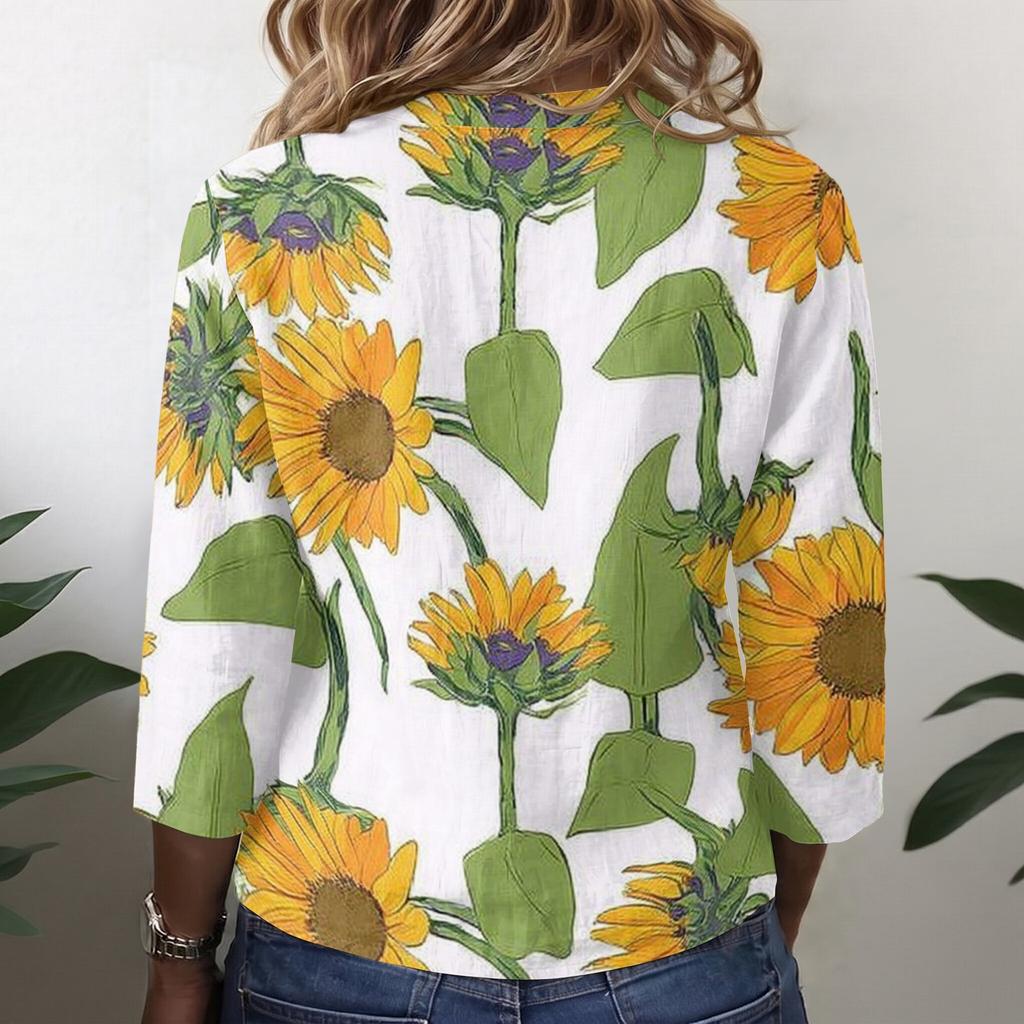 Women's Vintage Floral Print Henley Collar Button Front Three Quarter Sleeve Cotton Linen Shirt Casual Loose Fit Blouse