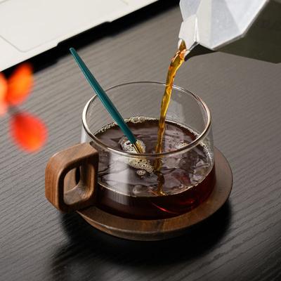 Japanese Transparent Glass and Wooden Coffee Cup and Saucer Afternoon Tea Dessert Tea Cup Large Capacity Office Tea Cup Decor