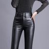 Women's Winter Outer Black High Waisted and Plush PU Tight Fitting Small Foot Leather Pants