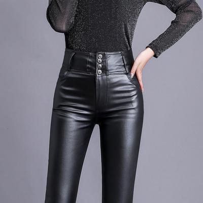 Autumn Winter Pencil Tight Pants Women's Velvet Sexy Tight PU Single Breasted Pants Elastic High Waist Slimming Pants