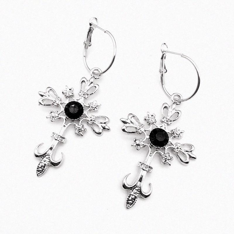Gothic Retro Red Zircon Cross Pendant Earrings