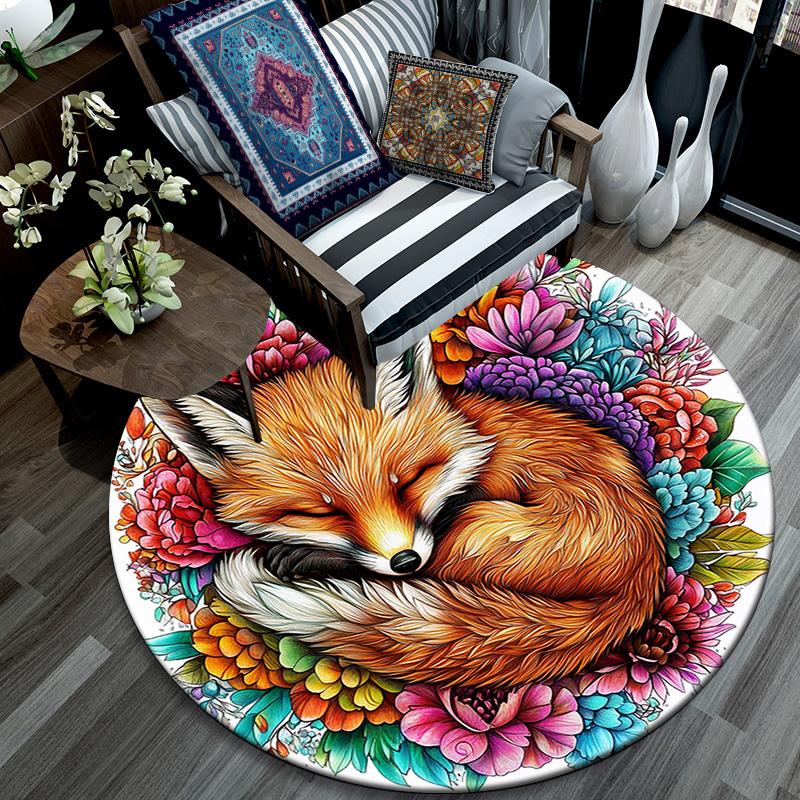 Sleeping Fox Round Area Rug,Carpet Rug for Living Room Bedroom Sofa Playroom Decor,Non-slip Floor Mat