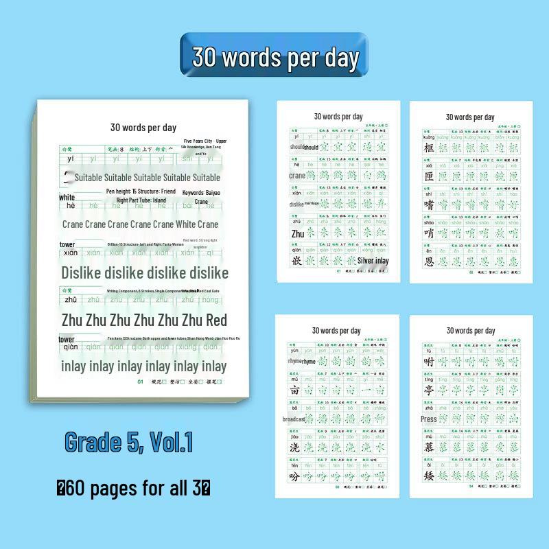 Primary School Copybook: Daily 30 Characters Practice with Strokes for Grades 1-6